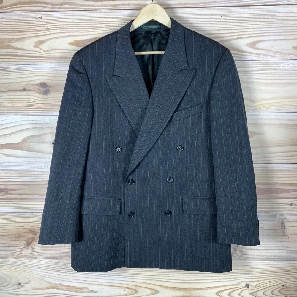 Double Breasted Fabrizio Cellini Blazer Men 44R Grey Pinstripe Pure New Wool VTG